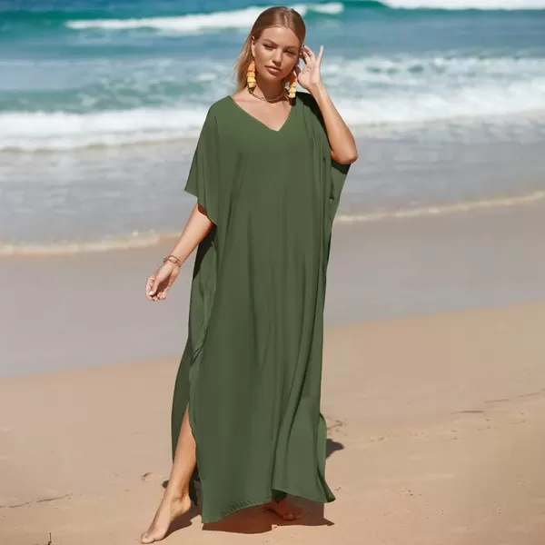 IDOPIP Beach Cover ups for Women Swimsuit Coverups Print Long Maxi Beach Kaftan Dresses Loose Caftan Beachwear Bathing SuitArmy Green  Solid