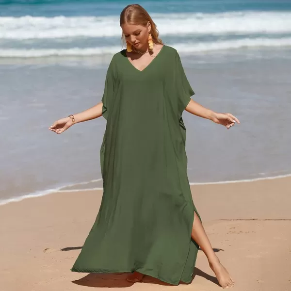 IDOPIP Beach Cover ups for Women Swimsuit Coverups Print Long Maxi Beach Kaftan Dresses Loose Caftan Beachwear Bathing SuitArmy Green  Solid