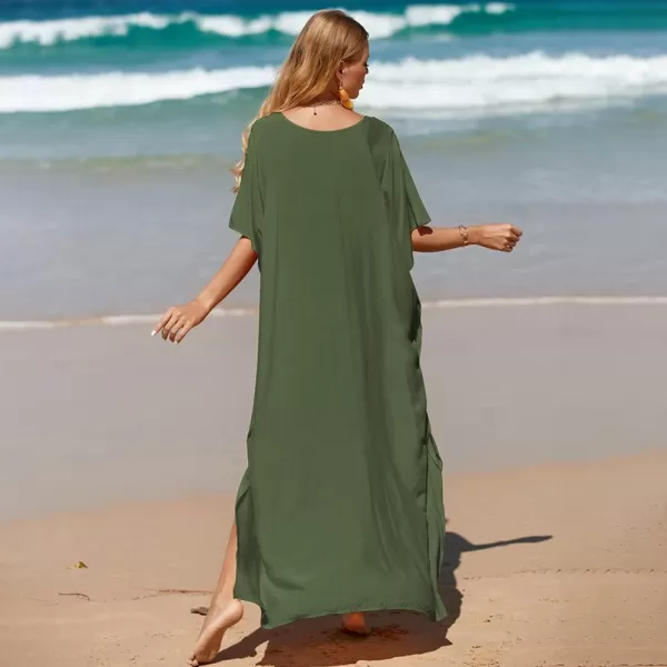 IDOPIP Beach Cover ups for Women Swimsuit Coverups Print Long Maxi Beach Kaftan Dresses Loose Caftan Beachwear Bathing SuitArmy Green  Solid