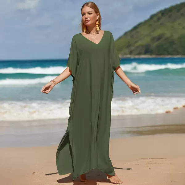 IDOPIP Beach Cover ups for Women Swimsuit Coverups Print Long Maxi Beach Kaftan Dresses Loose Caftan Beachwear Bathing SuitArmy Green  Solid