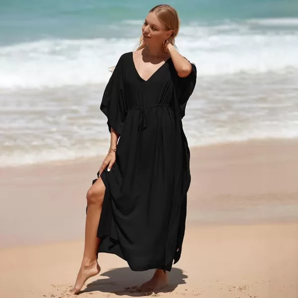 IDOPIP Beach Cover ups for Women Swimsuit Coverups Print Long Maxi Beach Kaftan Dresses Loose Caftan Beachwear Bathing SuitBlack  Drawstring