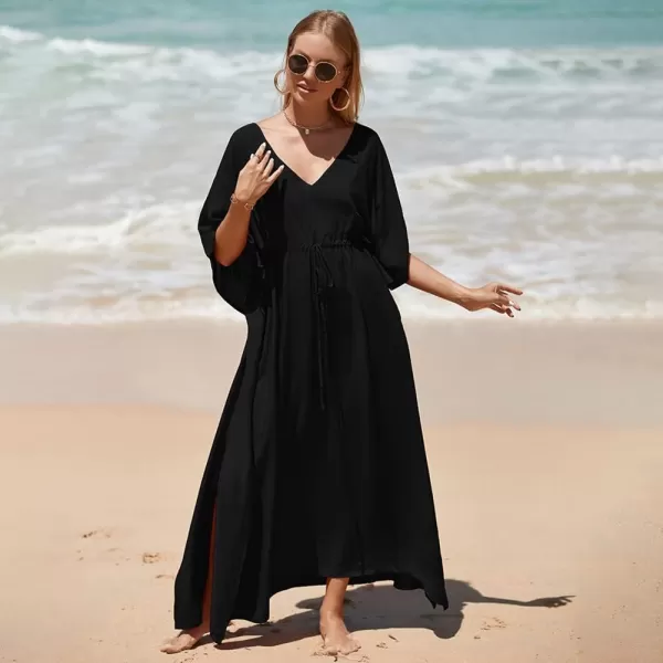 IDOPIP Beach Cover ups for Women Swimsuit Coverups Print Long Maxi Beach Kaftan Dresses Loose Caftan Beachwear Bathing SuitBlack  Drawstring