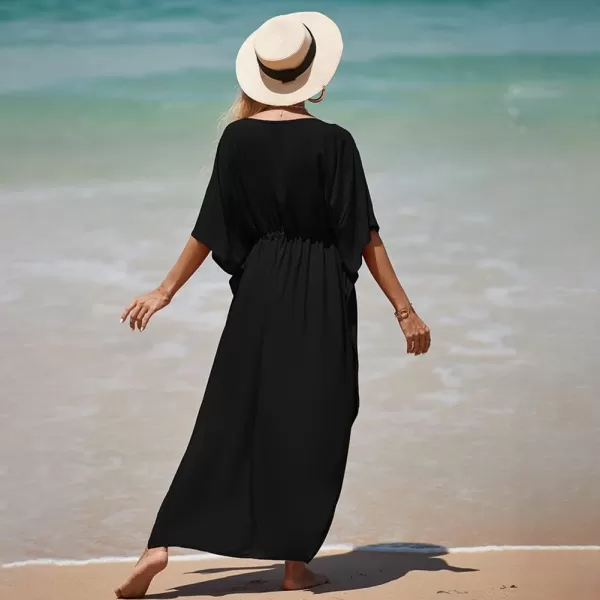 IDOPIP Beach Cover ups for Women Swimsuit Coverups Print Long Maxi Beach Kaftan Dresses Loose Caftan Beachwear Bathing SuitBlack  Drawstring