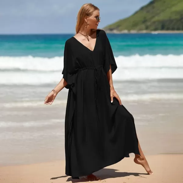 IDOPIP Beach Cover ups for Women Swimsuit Coverups Print Long Maxi Beach Kaftan Dresses Loose Caftan Beachwear Bathing SuitBlack  Drawstring