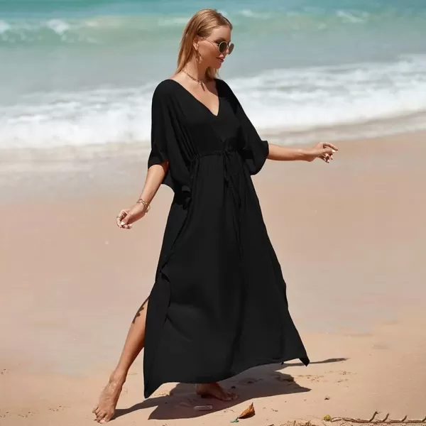 IDOPIP Beach Cover ups for Women Swimsuit Coverups Print Long Maxi Beach Kaftan Dresses Loose Caftan Beachwear Bathing SuitBlack  Drawstring