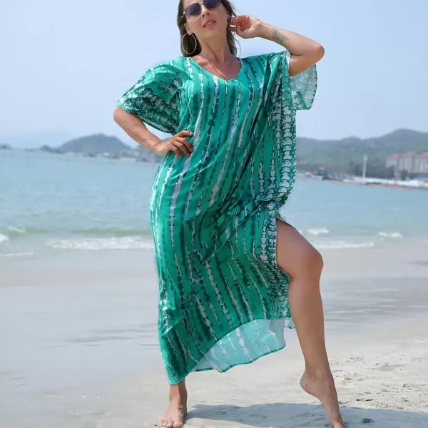 IDOPIP Beach Cover ups for Women Swimsuit Coverups Print Long Maxi Beach Kaftan Dresses Loose Caftan Beachwear Bathing SuitGreen Print