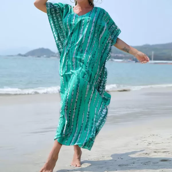 IDOPIP Beach Cover ups for Women Swimsuit Coverups Print Long Maxi Beach Kaftan Dresses Loose Caftan Beachwear Bathing SuitGreen Print