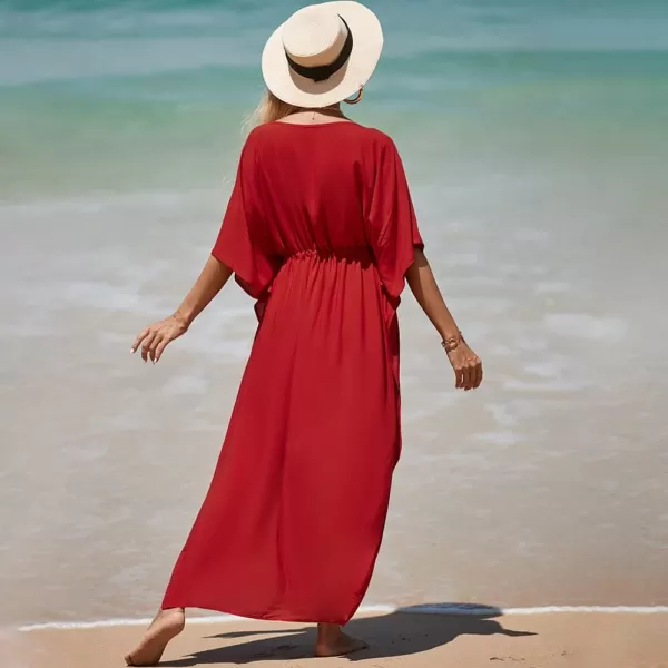 IDOPIP Beach Cover ups for Women Swimsuit Coverups Print Long Maxi Beach Kaftan Dresses Loose Caftan Beachwear Bathing SuitRed  Drawstring