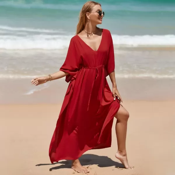 IDOPIP Beach Cover ups for Women Swimsuit Coverups Print Long Maxi Beach Kaftan Dresses Loose Caftan Beachwear Bathing SuitRed  Drawstring