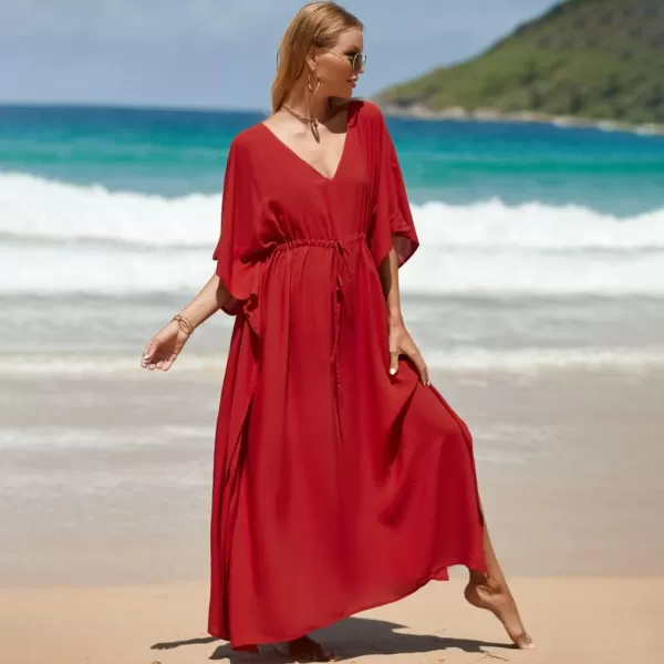 IDOPIP Beach Cover ups for Women Swimsuit Coverups Print Long Maxi Beach Kaftan Dresses Loose Caftan Beachwear Bathing SuitRed  Drawstring