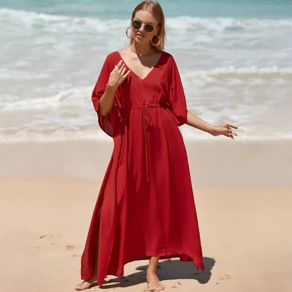 IDOPIP Beach Cover ups for Women Swimsuit Coverups Print Long Maxi Beach Kaftan Dresses Loose Caftan Beachwear Bathing SuitRed  Drawstring