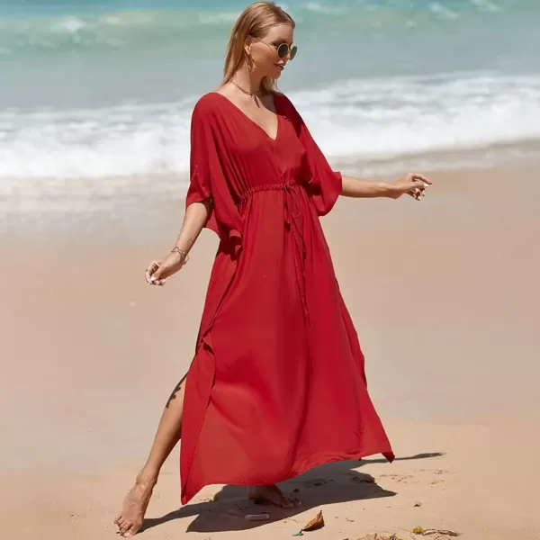 IDOPIP Beach Cover ups for Women Swimsuit Coverups Print Long Maxi Beach Kaftan Dresses Loose Caftan Beachwear Bathing SuitRed  Drawstring