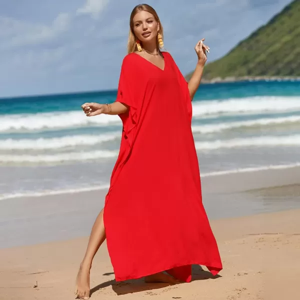 IDOPIP Beach Cover ups for Women Swimsuit Coverups Print Long Maxi Beach Kaftan Dresses Loose Caftan Beachwear Bathing SuitRed  Solid