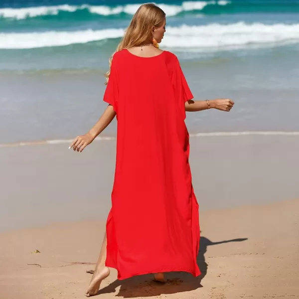 IDOPIP Beach Cover ups for Women Swimsuit Coverups Print Long Maxi Beach Kaftan Dresses Loose Caftan Beachwear Bathing SuitRed  Solid