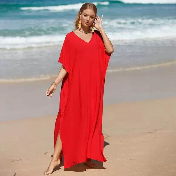 IDOPIP Beach Cover ups for Women Swimsuit Coverups Print Long Maxi Beach Kaftan Dresses Loose Caftan Beachwear Bathing SuitRed  Solid