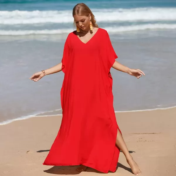 IDOPIP Beach Cover ups for Women Swimsuit Coverups Print Long Maxi Beach Kaftan Dresses Loose Caftan Beachwear Bathing SuitRed  Solid