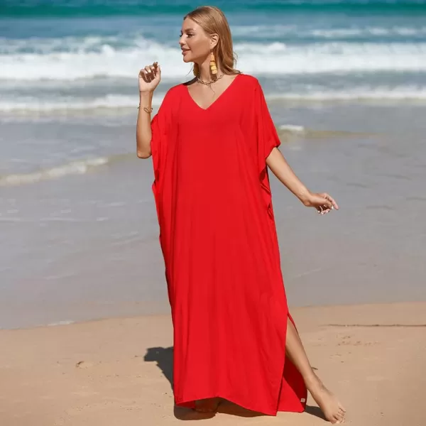 IDOPIP Beach Cover ups for Women Swimsuit Coverups Print Long Maxi Beach Kaftan Dresses Loose Caftan Beachwear Bathing SuitRed  Solid