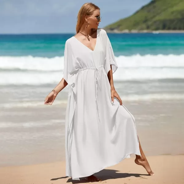 IDOPIP Beach Cover ups for Women Swimsuit Coverups Print Long Maxi Beach Kaftan Dresses Loose Caftan Beachwear Bathing SuitWhite  Drawstring