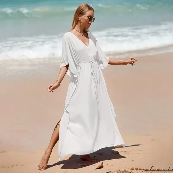 IDOPIP Beach Cover ups for Women Swimsuit Coverups Print Long Maxi Beach Kaftan Dresses Loose Caftan Beachwear Bathing SuitWhite  Drawstring