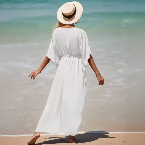 IDOPIP Beach Cover ups for Women Swimsuit Coverups Print Long Maxi Beach Kaftan Dresses Loose Caftan Beachwear Bathing SuitWhite  Drawstring