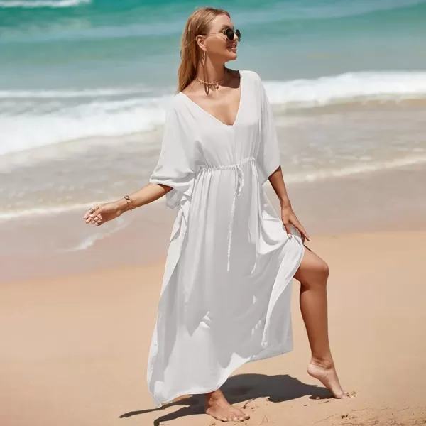 IDOPIP Beach Cover ups for Women Swimsuit Coverups Print Long Maxi Beach Kaftan Dresses Loose Caftan Beachwear Bathing SuitWhite  Drawstring