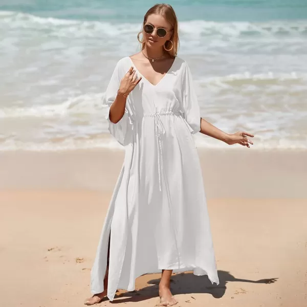 IDOPIP Beach Cover ups for Women Swimsuit Coverups Print Long Maxi Beach Kaftan Dresses Loose Caftan Beachwear Bathing SuitWhite  Drawstring