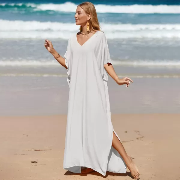 IDOPIP Beach Cover ups for Women Swimsuit Coverups Print Long Maxi Beach Kaftan Dresses Loose Caftan Beachwear Bathing SuitWhite  Solid