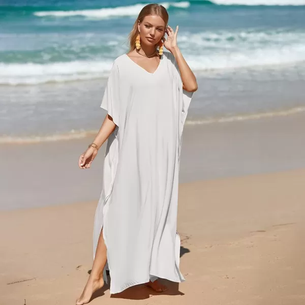 IDOPIP Beach Cover ups for Women Swimsuit Coverups Print Long Maxi Beach Kaftan Dresses Loose Caftan Beachwear Bathing SuitWhite  Solid