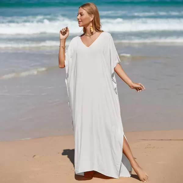 IDOPIP Beach Cover ups for Women Swimsuit Coverups Print Long Maxi Beach Kaftan Dresses Loose Caftan Beachwear Bathing SuitWhite  Solid