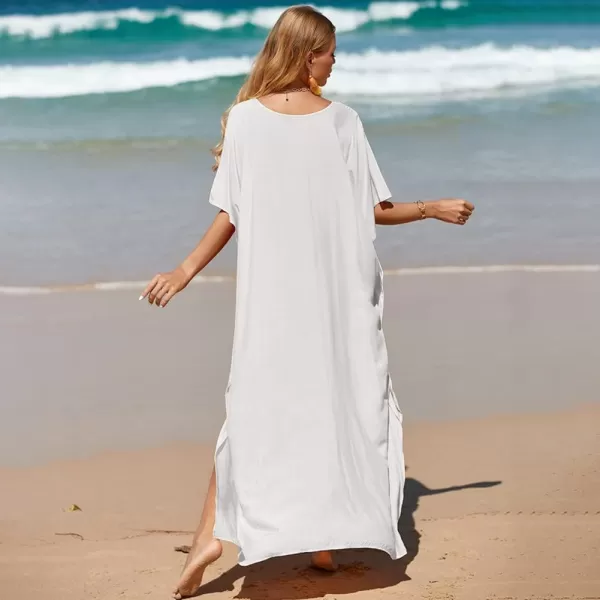 IDOPIP Beach Cover ups for Women Swimsuit Coverups Print Long Maxi Beach Kaftan Dresses Loose Caftan Beachwear Bathing SuitWhite  Solid