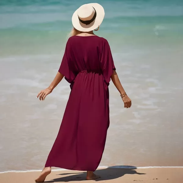 IDOPIP Beach Cover ups for Women Swimsuit Coverups Print Long Maxi Beach Kaftan Dresses Loose Caftan Beachwear Bathing SuitWine Red  Drawstring