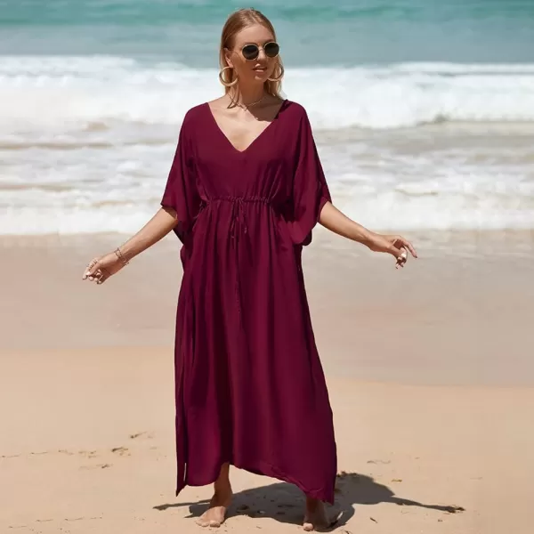 IDOPIP Beach Cover ups for Women Swimsuit Coverups Print Long Maxi Beach Kaftan Dresses Loose Caftan Beachwear Bathing SuitWine Red  Drawstring