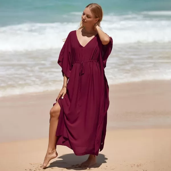 IDOPIP Beach Cover ups for Women Swimsuit Coverups Print Long Maxi Beach Kaftan Dresses Loose Caftan Beachwear Bathing SuitWine Red  Drawstring