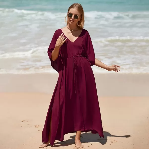 IDOPIP Beach Cover ups for Women Swimsuit Coverups Print Long Maxi Beach Kaftan Dresses Loose Caftan Beachwear Bathing SuitWine Red  Drawstring