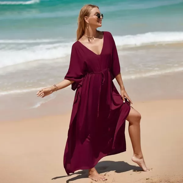 IDOPIP Beach Cover ups for Women Swimsuit Coverups Print Long Maxi Beach Kaftan Dresses Loose Caftan Beachwear Bathing SuitWine Red  Drawstring