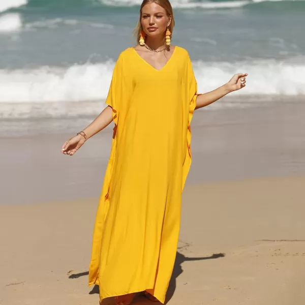 IDOPIP Beach Cover ups for Women Swimsuit Coverups Print Long Maxi Beach Kaftan Dresses Loose Caftan Beachwear Bathing SuitYellow  Solid