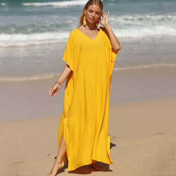 IDOPIP Beach Cover ups for Women Swimsuit Coverups Print Long Maxi Beach Kaftan Dresses Loose Caftan Beachwear Bathing SuitYellow  Solid