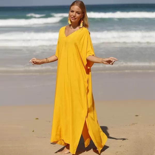 IDOPIP Beach Cover ups for Women Swimsuit Coverups Print Long Maxi Beach Kaftan Dresses Loose Caftan Beachwear Bathing SuitYellow  Solid