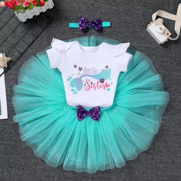 IDOPIP Big Sister Little Sister Matching Outfits Toddler Baby Girls Short Sleeve Top Romper Skirt Headband 3PCS Clothes SetGreen Mermaid  Little Sister