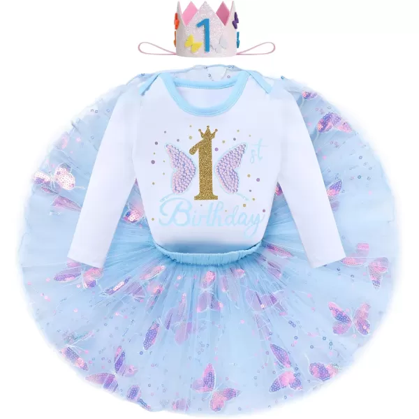 IDOPIP Butterfly 1st Birthday Outfit Baby Girl Sequin Butterfly Romper Tutu Skirt Headband Costume for Cake Smash Photo ShootBlue  Long Sleeve