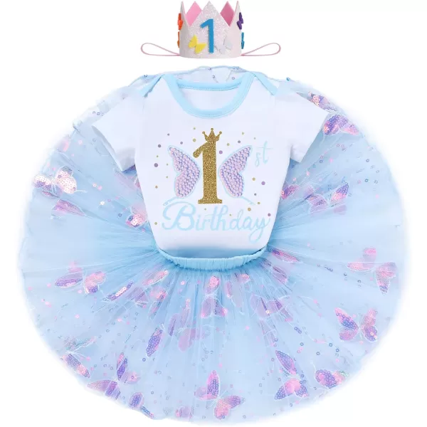 IDOPIP Butterfly 1st Birthday Outfit Baby Girl Sequin Butterfly Romper Tutu Skirt Headband Costume for Cake Smash Photo ShootBlue Butterfly