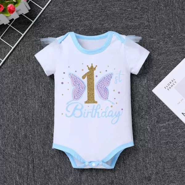 IDOPIP Butterfly 1st Birthday Outfit Baby Girl Sequin Butterfly Romper Tutu Skirt Headband Costume for Cake Smash Photo ShootBlue Butterfly