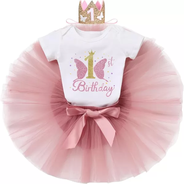 IDOPIP Butterfly 1st Birthday Outfit Baby Girl Sequin Butterfly Romper Tutu Skirt Headband Costume for Cake Smash Photo ShootDusty Pink  1st Birthday
