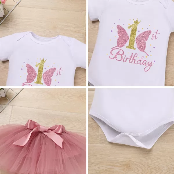IDOPIP Butterfly 1st Birthday Outfit Baby Girl Sequin Butterfly Romper Tutu Skirt Headband Costume for Cake Smash Photo ShootDusty Pink  1st Birthday