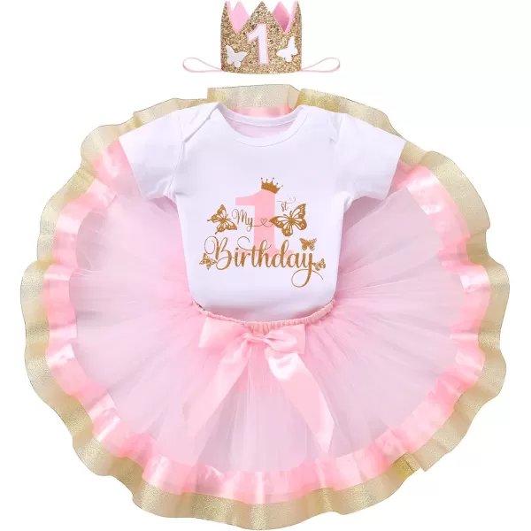 IDOPIP Butterfly 1st Birthday Outfit Baby Girl Sequin Butterfly Romper Tutu Skirt Headband Costume for Cake Smash Photo ShootPink  1st Birthday