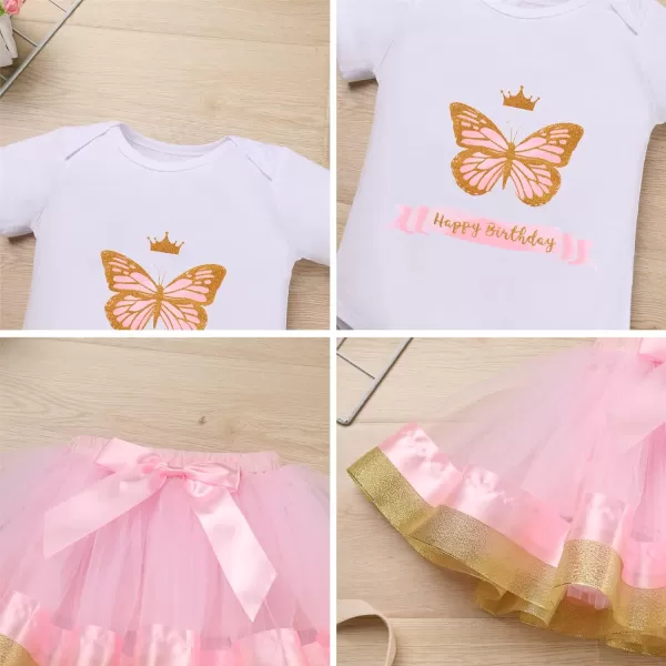 IDOPIP Butterfly 1st Birthday Outfit Baby Girl Sequin Butterfly Romper Tutu Skirt Headband Costume for Cake Smash Photo ShootPink  Happy Birthday