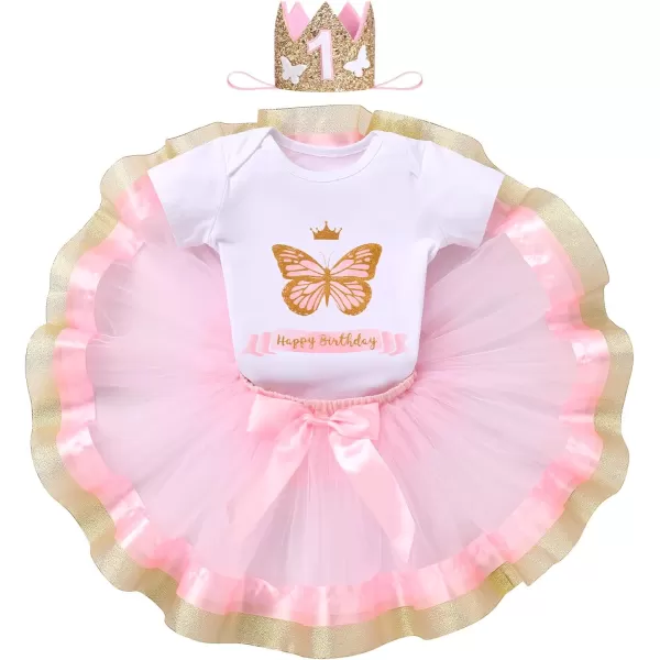IDOPIP Butterfly 1st Birthday Outfit Baby Girl Sequin Butterfly Romper Tutu Skirt Headband Costume for Cake Smash Photo ShootPink  Happy Birthday