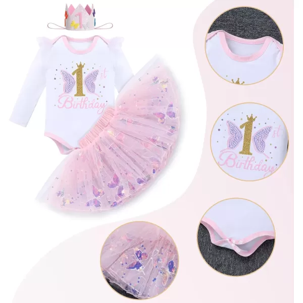 IDOPIP Butterfly 1st Birthday Outfit Baby Girl Sequin Butterfly Romper Tutu Skirt Headband Costume for Cake Smash Photo ShootPink  Long Sleeve