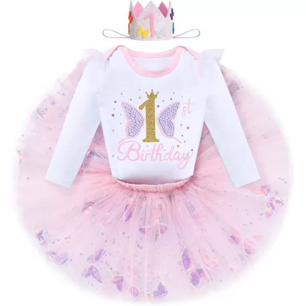 IDOPIP Butterfly 1st Birthday Outfit Baby Girl Sequin Butterfly Romper Tutu Skirt Headband Costume for Cake Smash Photo ShootPink  Long Sleeve