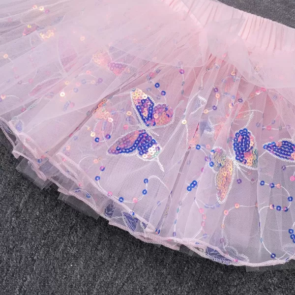 IDOPIP Butterfly 1st Birthday Outfit Baby Girl Sequin Butterfly Romper Tutu Skirt Headband Costume for Cake Smash Photo ShootPink  Long Sleeve